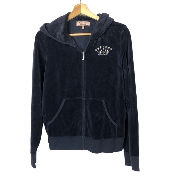 Juicy Couture Y2K Navy Blue Silver Rhinestone Logo Velour Track Suit Jacket XL - Picture 2 of 4